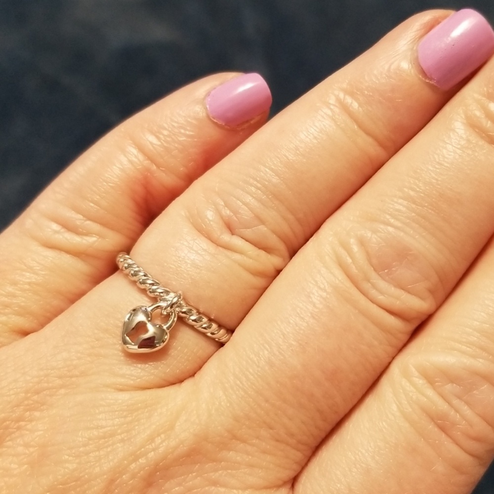 Sterling Silver 925 Stamped Heart Lock Dangle Ring